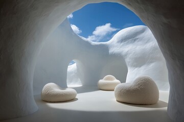 An interior scene of a modern cave, showcasing unique design elements such as rounded furniture and a bright, open ceiling that frames the sky.