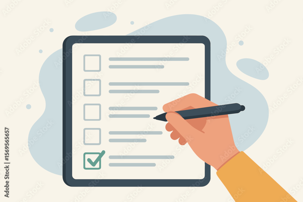 Poster survey form concept with hand filling out checklist. online questionnaire with checkboxes. answering