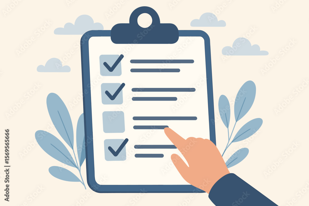 Poster survey form concept with hand pointing to checklist. online questionnaire with checkboxes for custom
