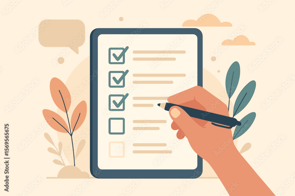 Poster survey form concept with hand filling out a checklist on a clipboard. online questionnaire with chec