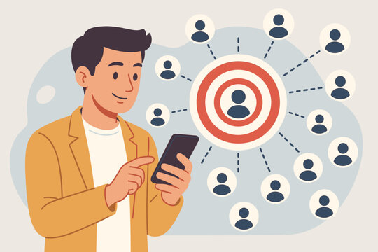 Target audience outreach and sales generation concept. Entrepreneur using smartphone for customer targeting, digital marketing, lead generation, network connection, business communication, flat vector
