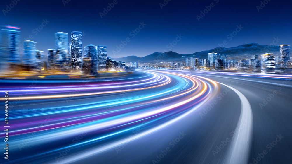 Poster vibrant lights create dynamic blur effect along curved road with city skyline in background. nightti