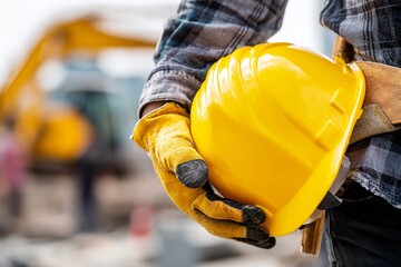 A close-up shot of a worker's hand holding a yellow safety helmet. Generative AI
