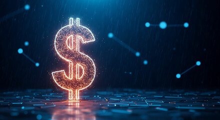 Futuristic Digital Dollar Sign in Neon Lights on Dark Background