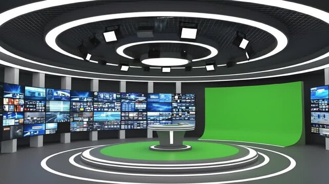 Virtual TV studio with green screen news desk and looping video wall background.