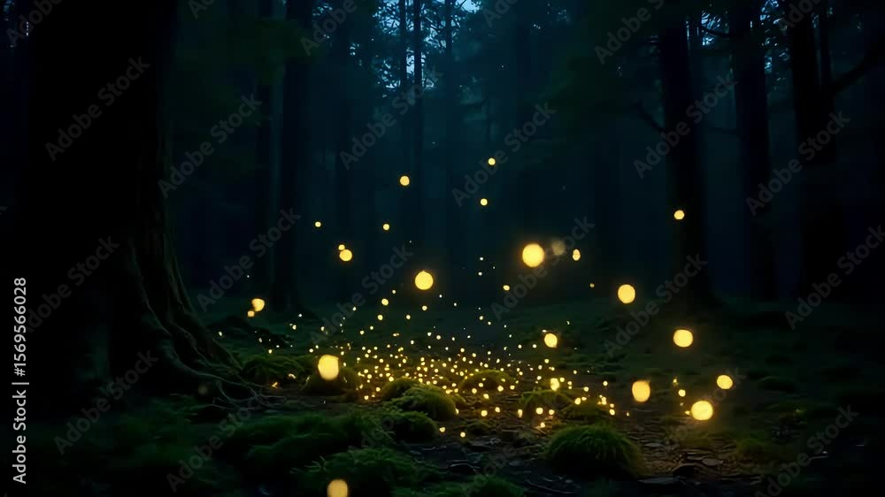 Poster a dark forest scene with many glowing orbs scattered across the forest floor and floating in the air