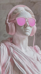  marble sculpture of a classical Greco-Roman woman wearing modern pink over-ear headphones and stylish pink-tinted aviator sunglasses. 