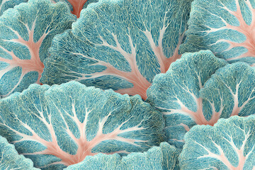Intricate blue coral-like structures with delicate branching patterns create a stunning underwater scene