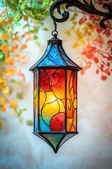a lantern made of colored stained glass panels