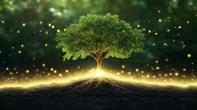 A majestic tree bathed in a golden glow, its roots firmly grounded in the earth, symbolizing growth and connection to nature.