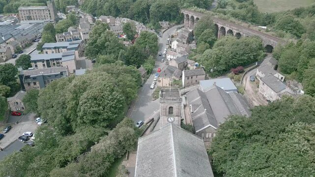 Aerial view of Hebden Bridge, a market town located in the Upper Calder Valley, Yorkshire, England