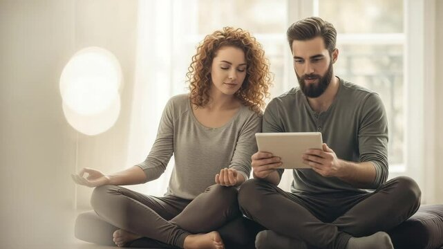 Couple engages in mindfulness practice using a guided meditation app in a cozy setting with soft cushions for comfort