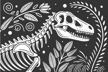 Dinosaur fossil skeleton vector in decorative folk floral black white style
