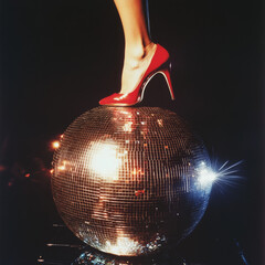 woman's foot wearing a red high heel standing on top of a large brightly illuminated silver disco ball,  light rays shining through it