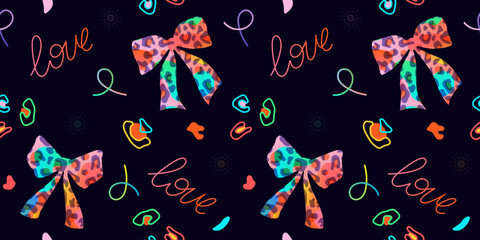 Trendy Seamless Pattern with Neon Bows and Handwritten Love Trendy seamless pattern with neon bows, leopard spots, scribbles, and love word. Bright and bold design for wrapping paper, textiles, or