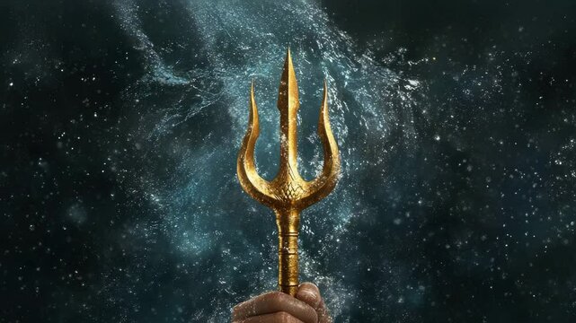 A golden trident of immense power and significance rises majestically through the churning sea, a symbol of dominion and might. Its intricate design gleams, a testament to its legendary status.