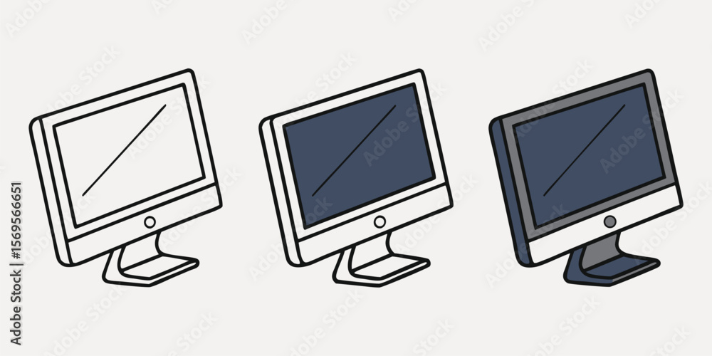 Fototapete three computer monitor icons in different stages of completion and color on white background
