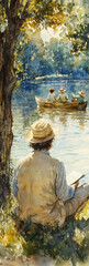 vintage watercolor painting, man with a hat sitting on grass and looking at the river where small wooden boat is floating 