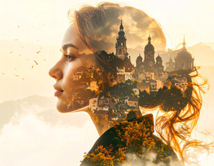 Cityscape dreams woman's reflection in urban landscape double exposure art metropolis ethereal viewpoint conceptual imagery