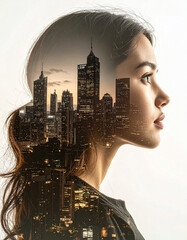 Urban dreamscapes woman's profile merged with city skyline metropolitan area digital art nighttime side view double exposure