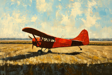 vintage oil painting of a small vintage red airplane parked on a farm with rolling hills of crops