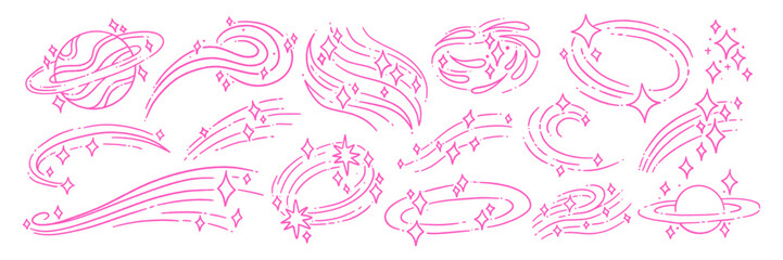Hand Drawn Doodle set of planets, comets, and sparkles in kawaii space style on white background