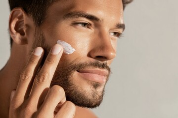A man applying skin care products on his face with his fingers, Generative AI
