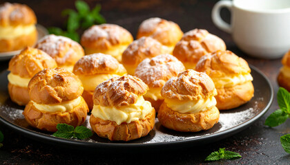 Fluffy and golden cream puffs with rich vanilla custard. Decadent Italian pastry. Sweet dessert.