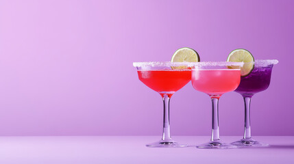 3 red, pink and purple margarita cocktails in short glasses on the plain solid color purple background