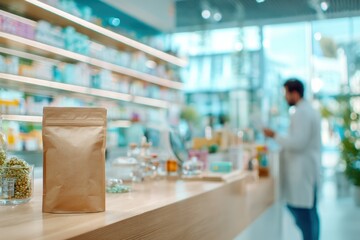 Natural Herbal Products Displayed on a Wooden Counter in a Modern Pharmacy with a Pharmacist Assisting Customers in the Background