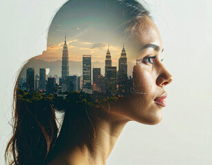 Urban dreamscape woman in city double exposure photography urban environment side profile conceptual art