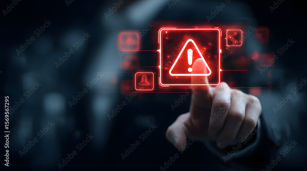 Poster system hack warning concept featuring virtual screen with danger icons
