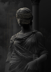 blindfolded female masonic greek statue, Noir, dark art, moody, fog, greek columns, the oracle