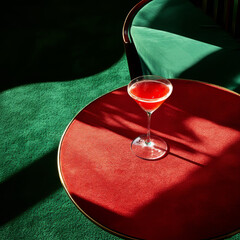 old retro room with cocktail in martini glass on red table , green carpet