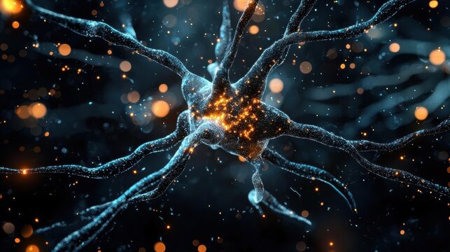 Close-up of a neuron, which appears to be a type of nerve cell. the neuron is in the center of the image and is surrounded by a black background.