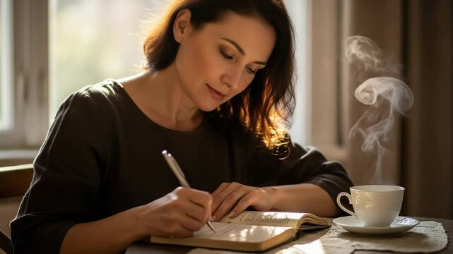 Middle-aged woman writes in her journal at a wooden table with tea in soft daylight by the window