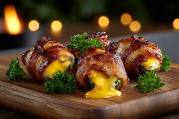 Delicious Bacon Wrapped Jalapeno Poppers on Wooden Board