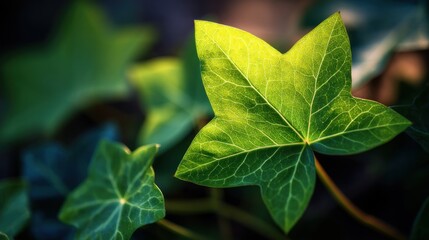 Obraz premium A close up of a vibrant green ivy leaf with prominent veins against a blurred foliage background
