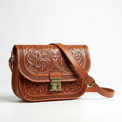 hand tooled moroccan leather crossbody bag with ethnic motifs, soft natural shadow, isolated on white background