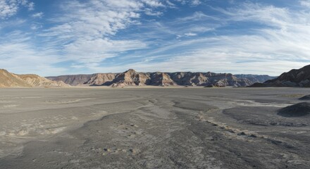 Vast Desert Landscape with Mesas and Cracked Ground Under Blue Sky.