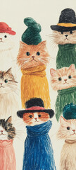 painted cute and smiling dressed cats with hats