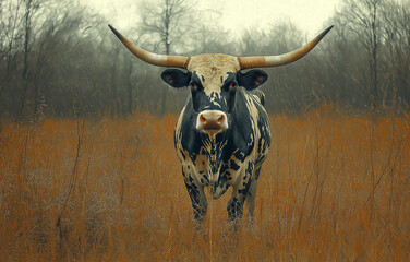 A majestic black and white longhorn cow professional photography
