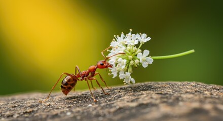 Macro Image of Red Ant Carrying White Flower Cluster on Rock.