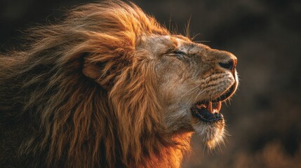 Naklejka premium close-up of lion roaring with mane blowing, color tones: golden tawny, dark brown, and savannah tan