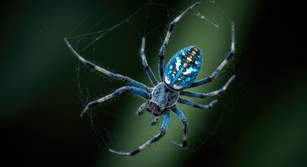 Colorful image of a spider on its intricate web, Colorful Blue Spider in Web - Macro Image.
