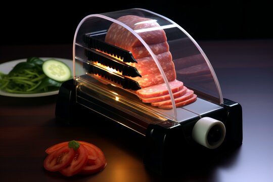 Home slicer cutting sausage on dark wooden table, with sliced tomatoes and cucumber salad nearby