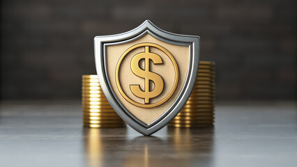 Digital wallet concept with shield and dollar symbol represents security and protection in financial transactions