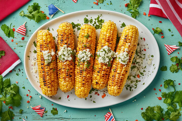 Grilled Mexican Corn With Cheese On Patriotic Table
