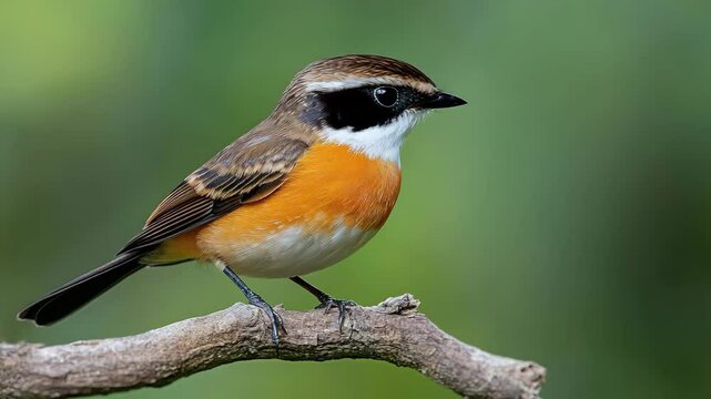 A Whinchat perches delicately on a branch, showcasing its vibrant plumage and capturing a moment of serene beauty in a natural environment.