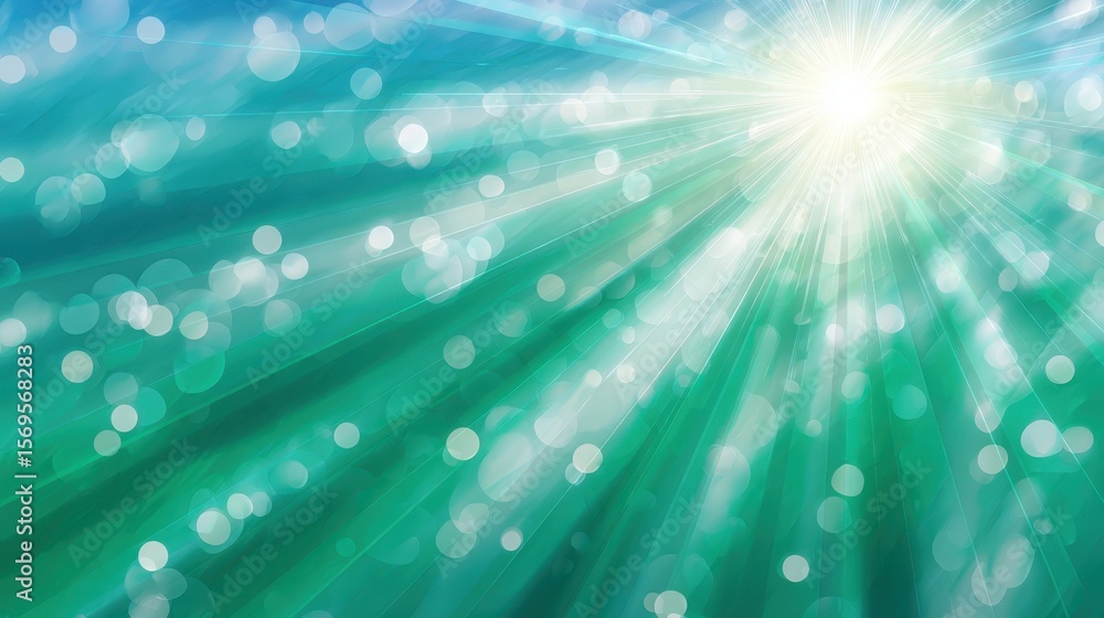 Poster luminous rays beaming from radiant light source generating dreamy bokeh effect, blending emerald and